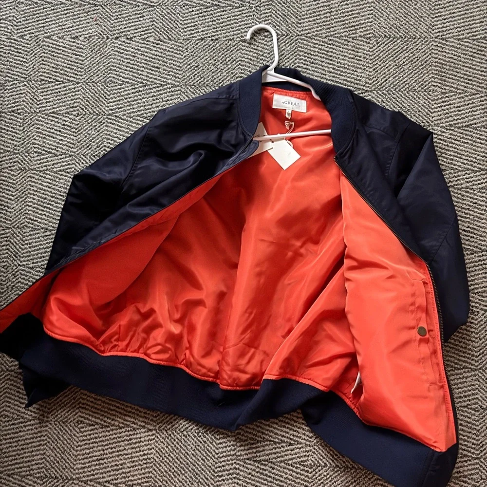 THE GREAT. Navy Bomber Jacket with Orange Lining NWT - Picture 9 of 11